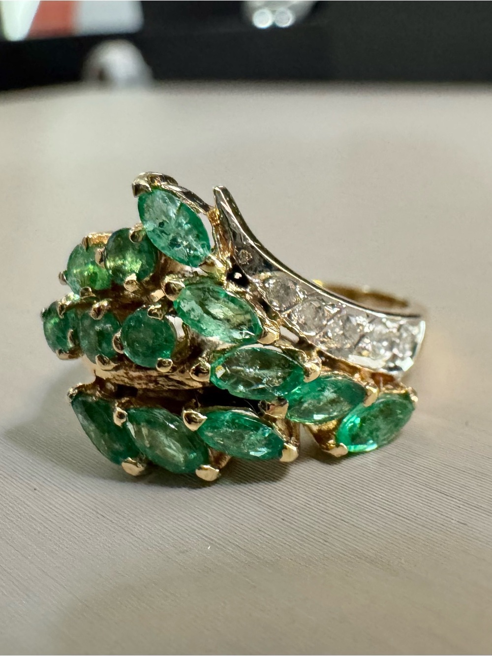 14K Yellow Gold Emerald and Diamond Statement Ring
